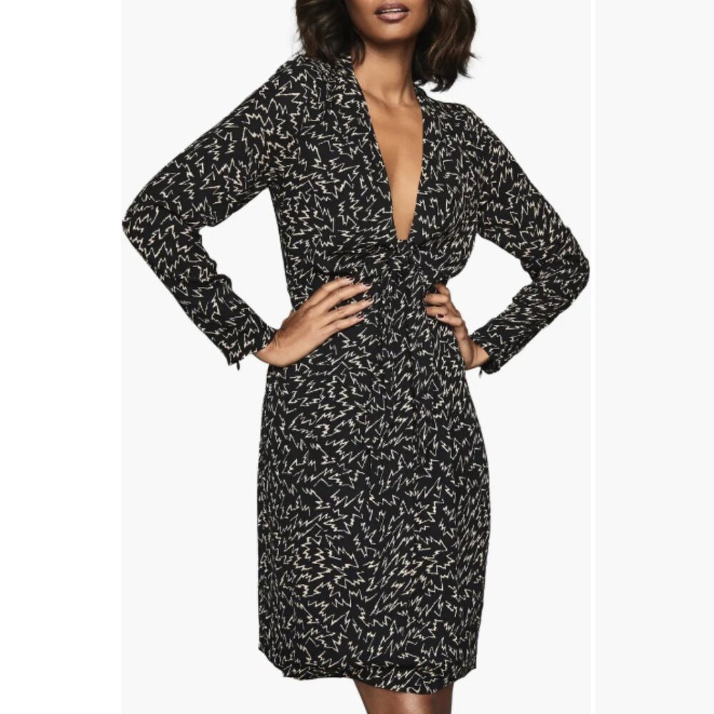 Reiss Julia Zig Zag Print Long Sleeve Plunge Mini Dress Size 4 NWT